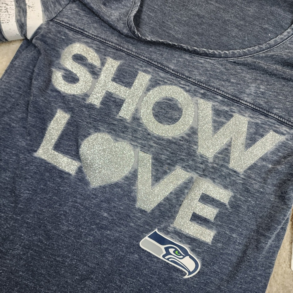 NFL Seattle Seahawks T-Shirt Size Small Show Love Glitter Burnout Navy Blue READ